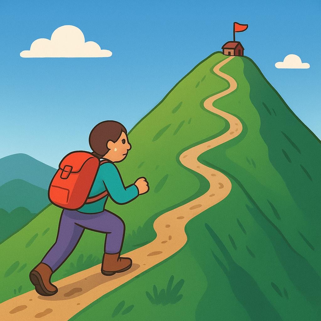 A person climbing a steep, winding mountain path to reach a small house at the top.