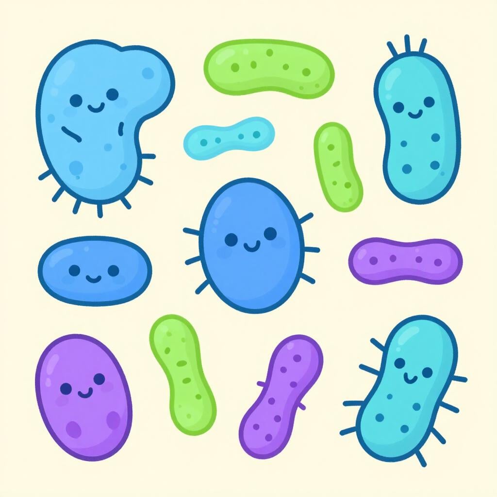 Uma visão microscópica de bactérias e micróbios coloridos e amigáveis agrupados.