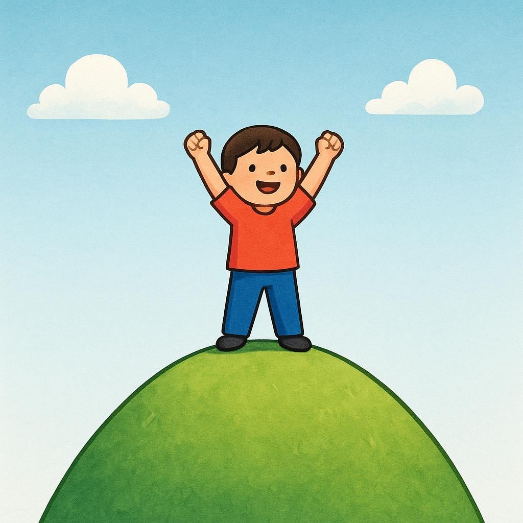A small figure standing triumphantly on the peak of a small, grassy hill, raising both arms in a gesture of success, symbolizing achievement.