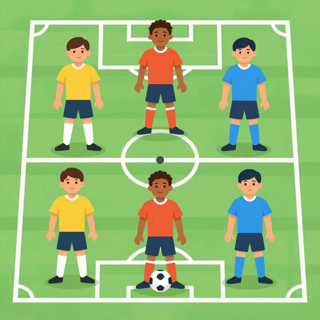 Um treinador em pé em um campo verde apontando para um grupo de jogadores de futebol em suas posições iniciais.