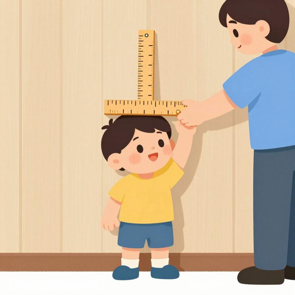 Ein Kind steht gerade an einer Holzwand, während ein Erwachsener seine Größe markiert.
