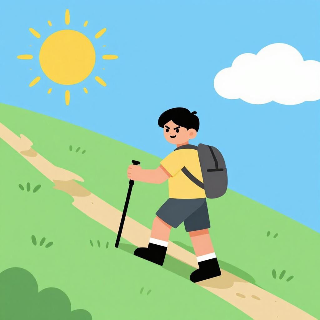 A person with a bright smile climbing a small hill with energy.