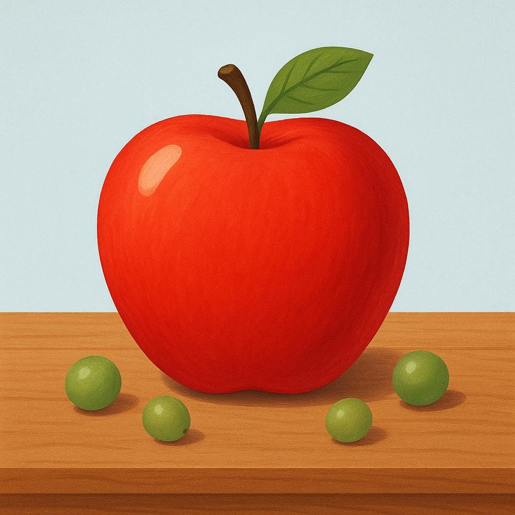 A very large, brightly colored red apple sitting prominently in the center of a wooden table, surrounded by three tiny, dull green grapes.