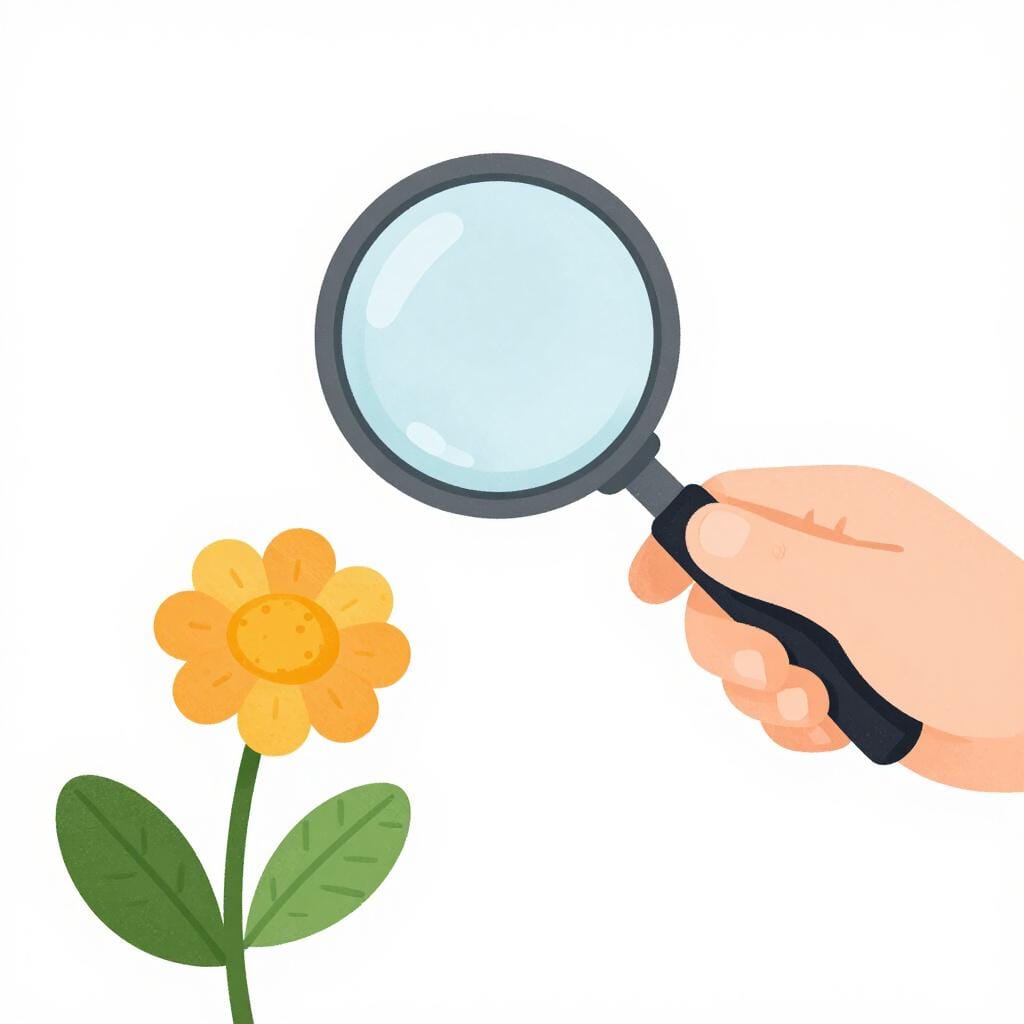 Une personne utilisant une loupe pour examiner attentivement une petite fleur dans un jardin.