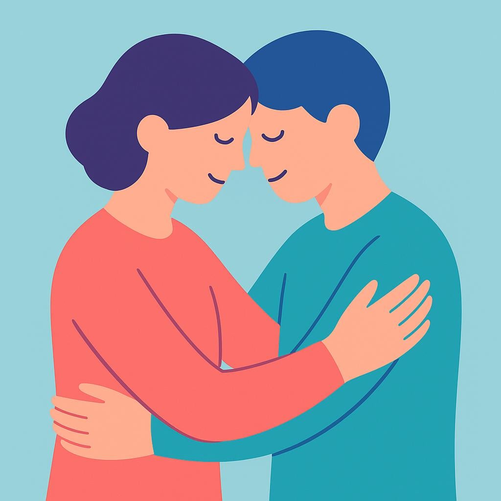 A highly simplified, abstract illustration showing two human figures standing very close together in a tight embrace, suggesting intimacy.