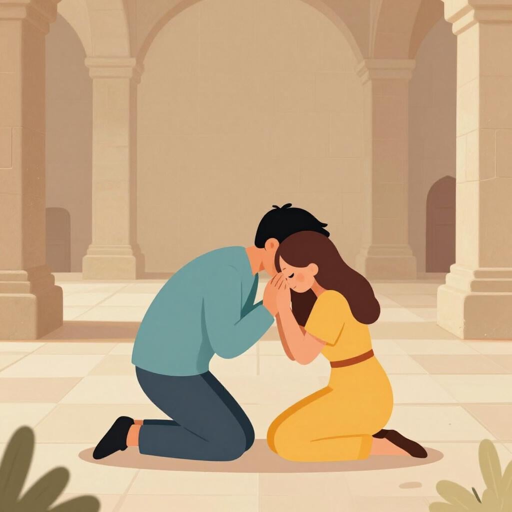 A person kneeling in a humble pose inside a vast, beautiful stone cathedral with light streaming through windows.