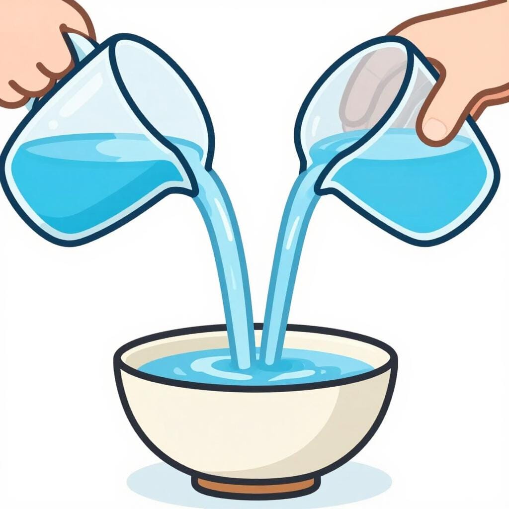 A clear blue liquid being poured from a glass into a bowl, splashing gently.