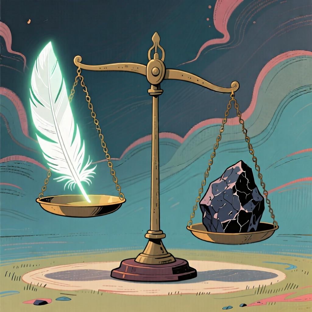 A balanced scale with a glowing white feather on one side and a dark, heavy rock on the other, representing the concept of good versus evil.