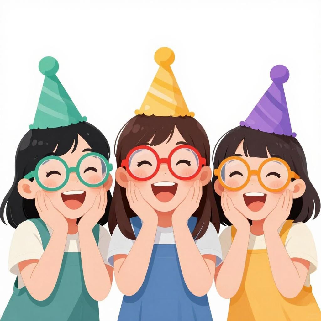 A group of girls wearing colorful costumes and oversized glasses, making funny faces together.