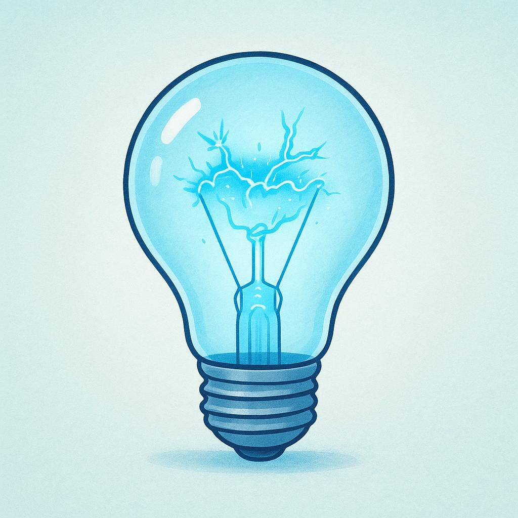 A brightly glowing light bulb with blue electrical energy visibly surrounding the filament.