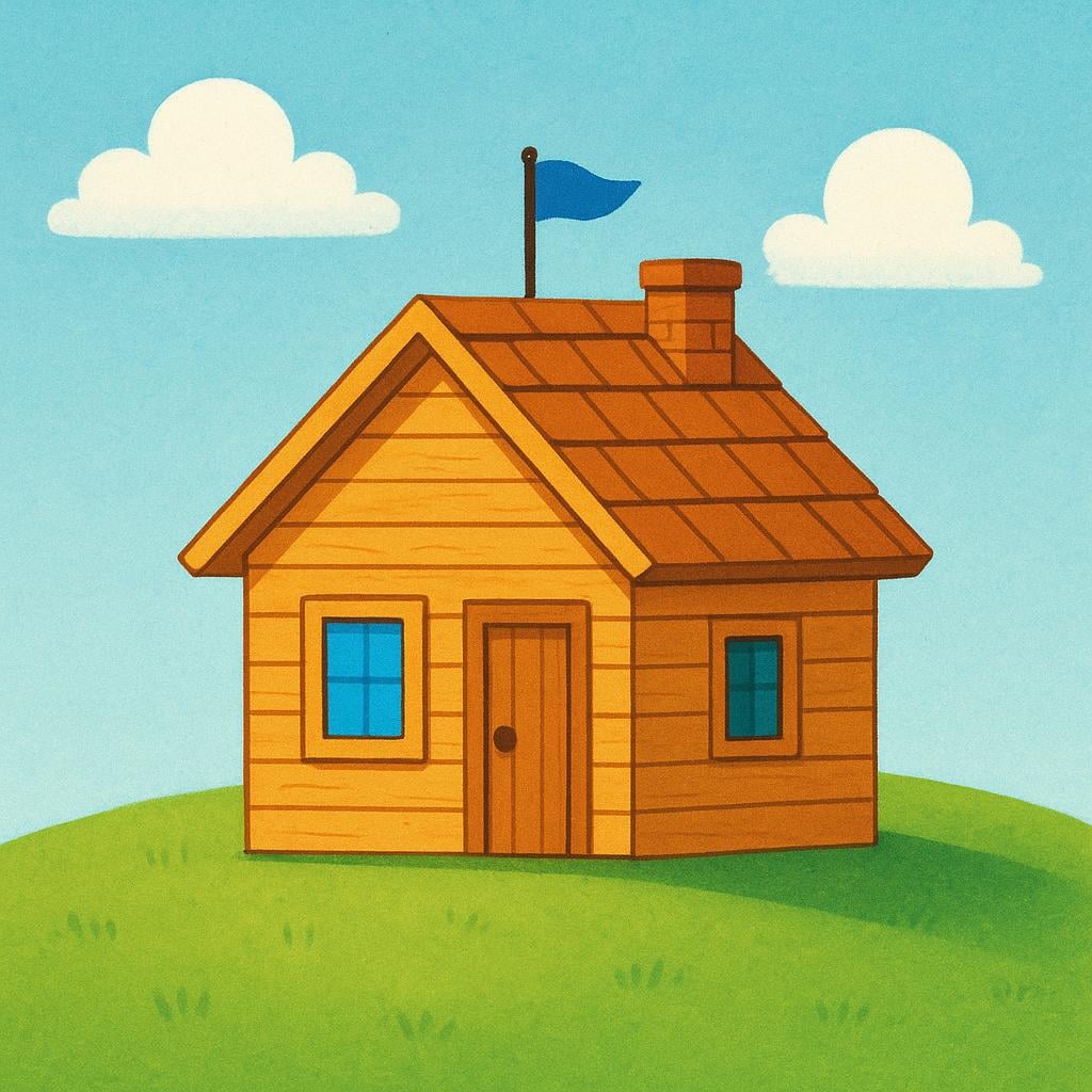 A small, brightly colored wooden house that is fully built and complete, with a tiny celebratory flag on the roof.