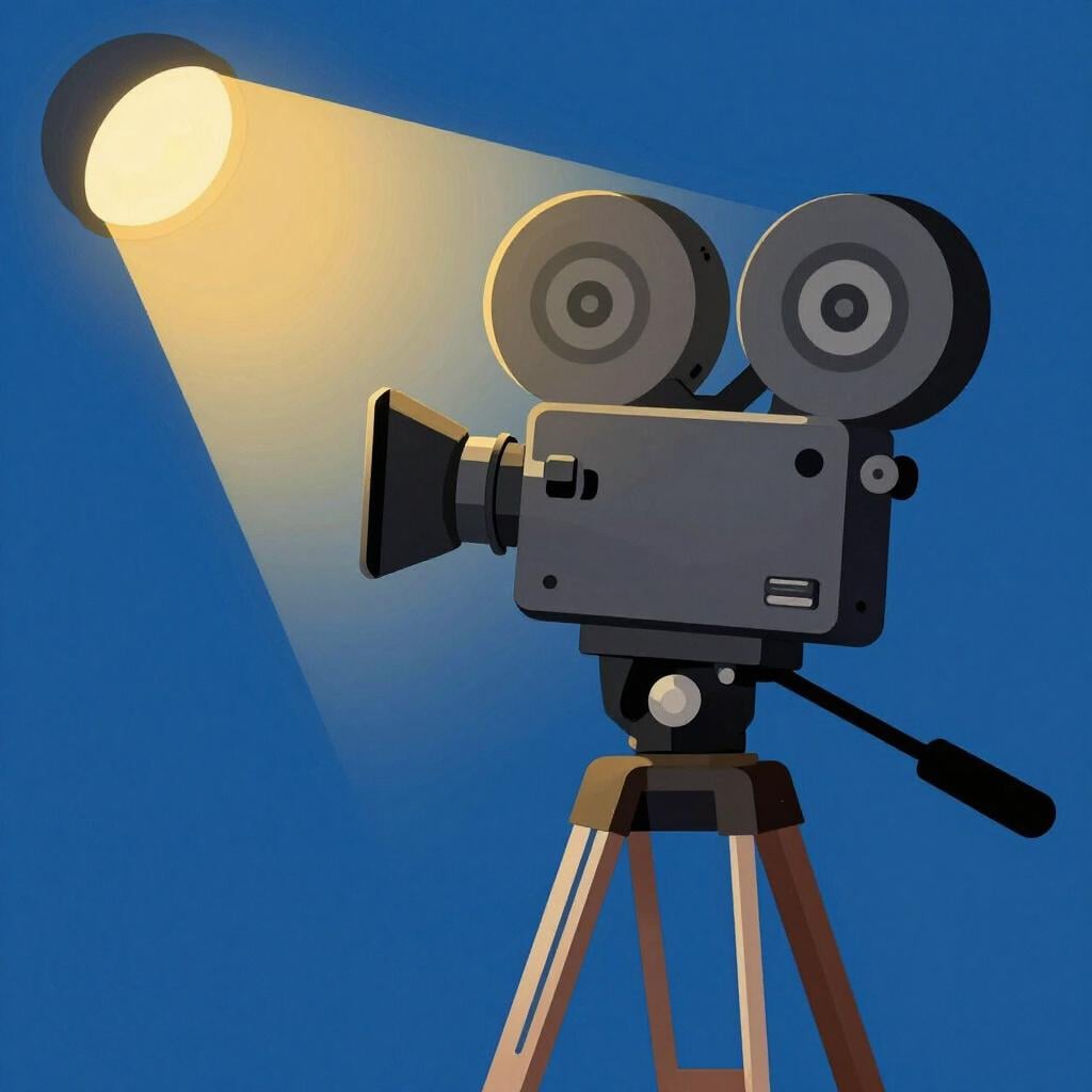 Een klassieke filmcamera op een statief onder een felle studiolamp in een dramatische setting.