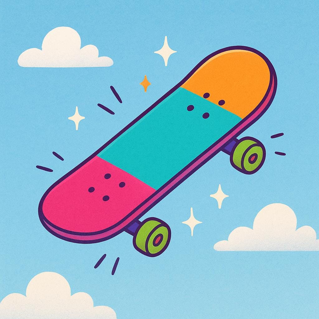 Une illustration vibrante et colorée d'un skateboard en suspension dans les airs, réalisant un trick, indiquant un objet agréable ou 'cool'.