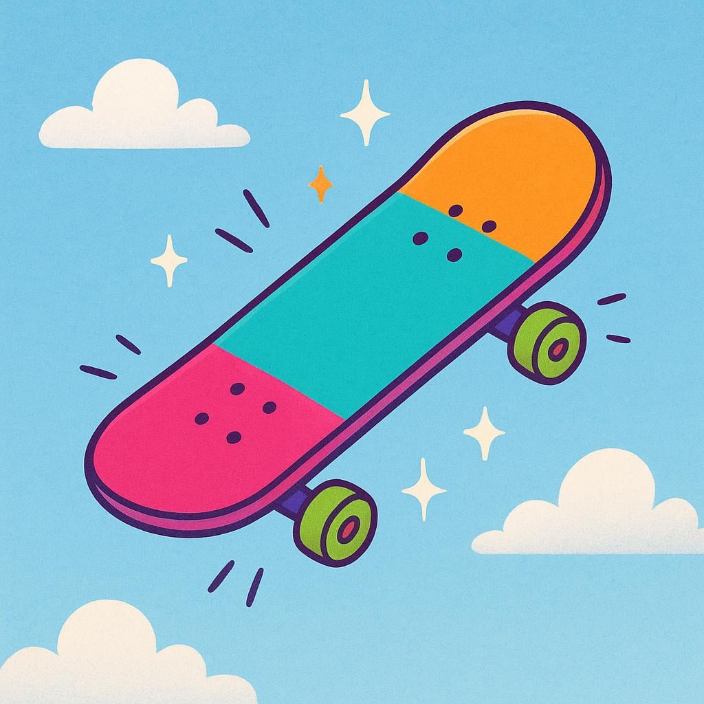 A vibrant, colorful illustration of a skateboard suspended in mid-air, performing a trick, indicating an enjoyable or 'cool' object.
