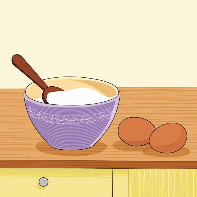 Two perfect chicken eggs sitting on a wooden counter next to a mixing bowl and a completed, beautiful cake, signifying that the quantity is sufficient.