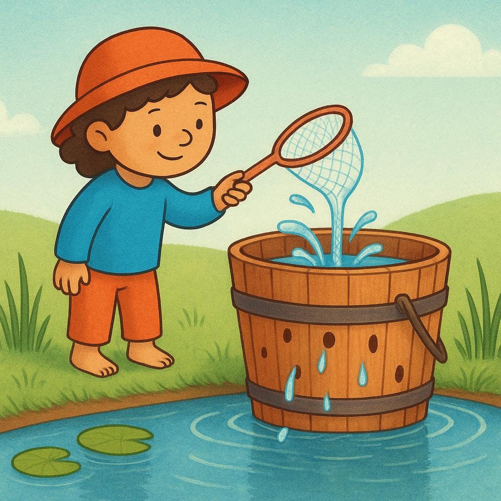 An adult figure standing by a calm pond, attempting to fill a large, obviously leaky wooden bucket using a small, handheld fishing net, symbolizing a lack of judgment.