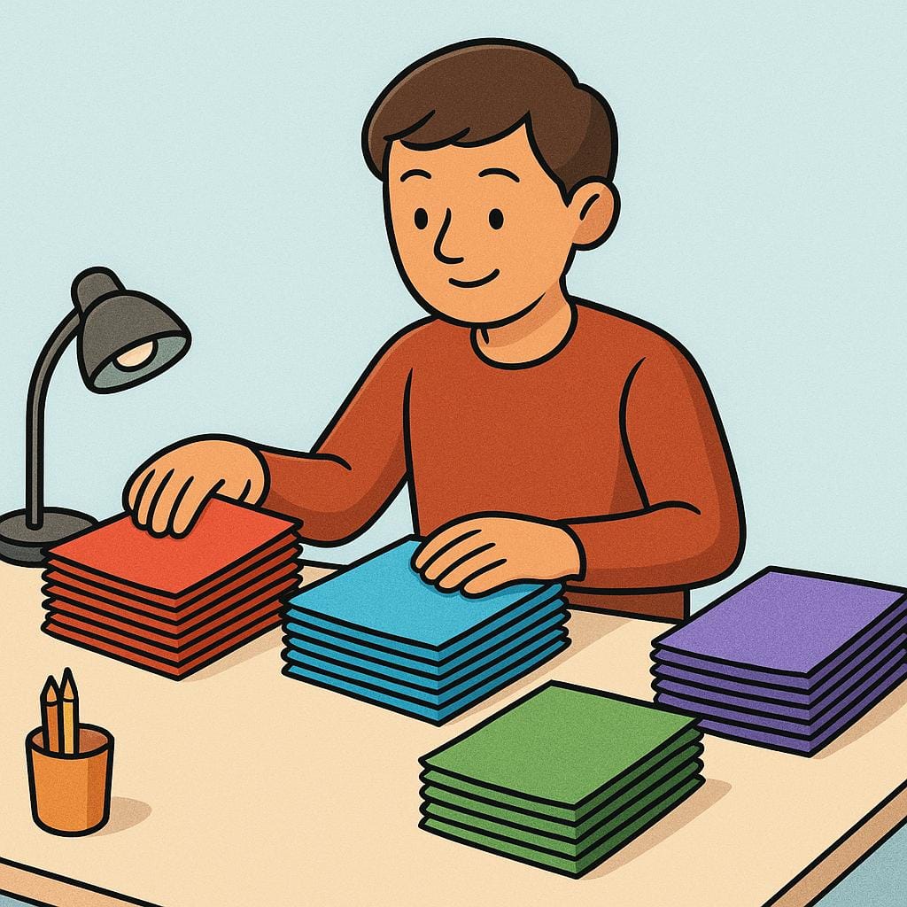 Een persoon die aan een bureau zit en methodisch verschillende kleurrijke papieren en enveloppen sorteert en stapelt in georganiseerde stapels.