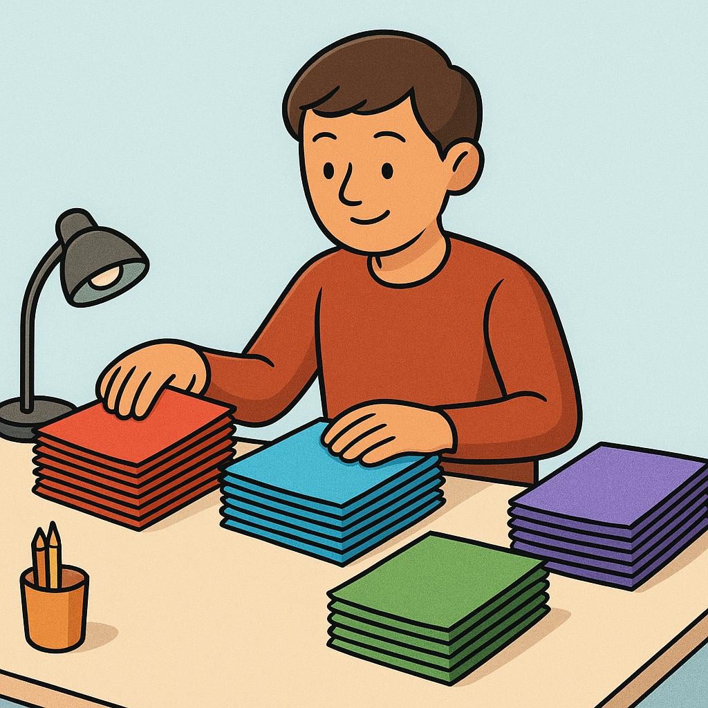 A person sitting at a desk, methodically sorting and stacking several colorful pieces of paper and envelopes into organized piles.