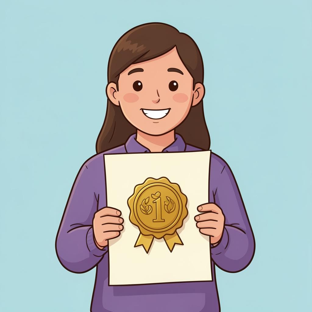 A smiling person holding a thick paper document with a gold seal.