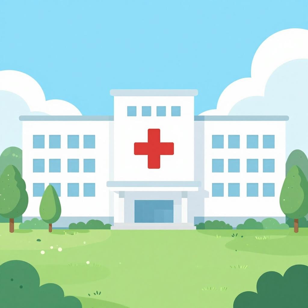 Un grand bâtiment moderne et propre avec de nombreuses fenêtres et une entrée accueillante entourée d'arbres verts et d'un ciel bleu.