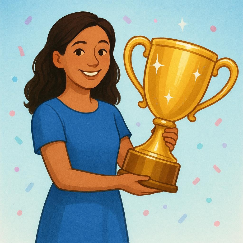 A woman smiling brightly while holding a massive, sparkling golden trophy, signifying that she is a lucky winner.