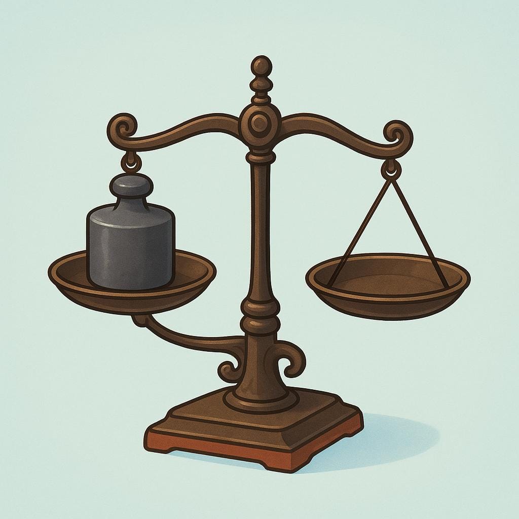 Una bilancia semplice e antica con un lato che contiene un peso metallico rotondo e pesante, che illustra un'unità di peso.