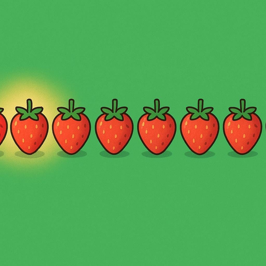 A row of ten identical red strawberries displayed on a green surface. The first three strawberries in the line are highlighted with a visible golden glow, setting them apart as 'the first ones'.