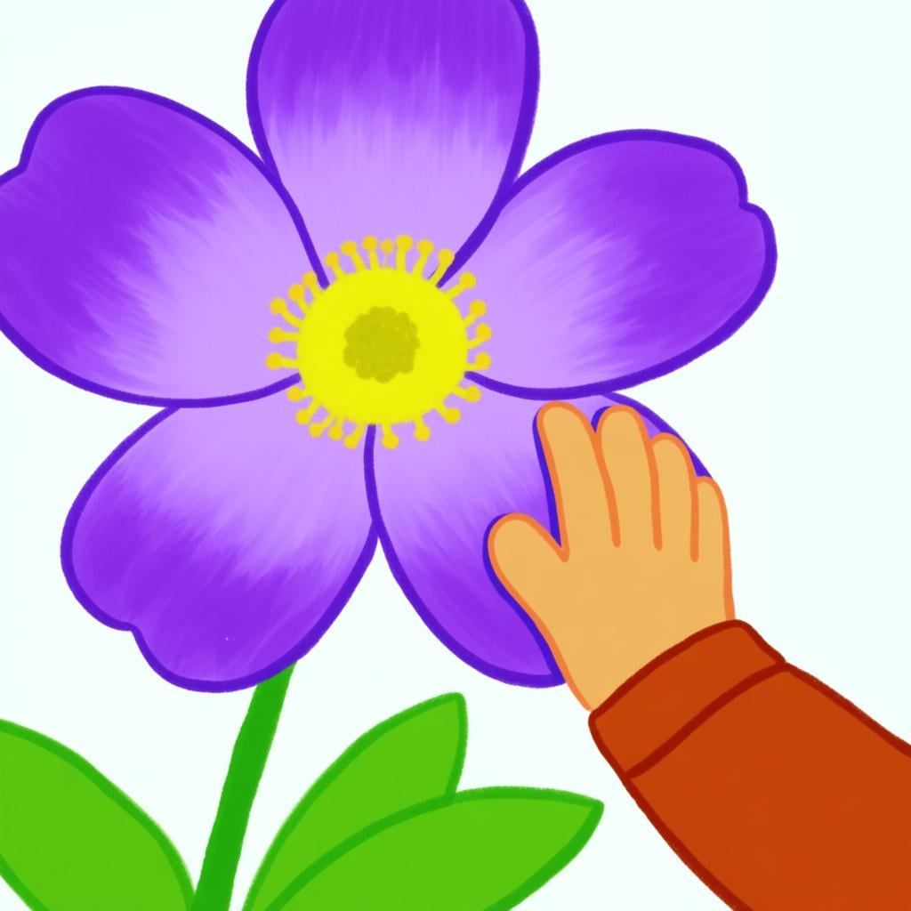 A child's hand gently touching the soft, colorful petals of a large flower, illustrating the sense of touch.