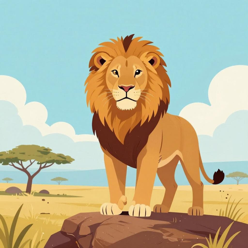 Un lion puissant avec une crinière épaisse se tenant sur un rocher dans la savane.