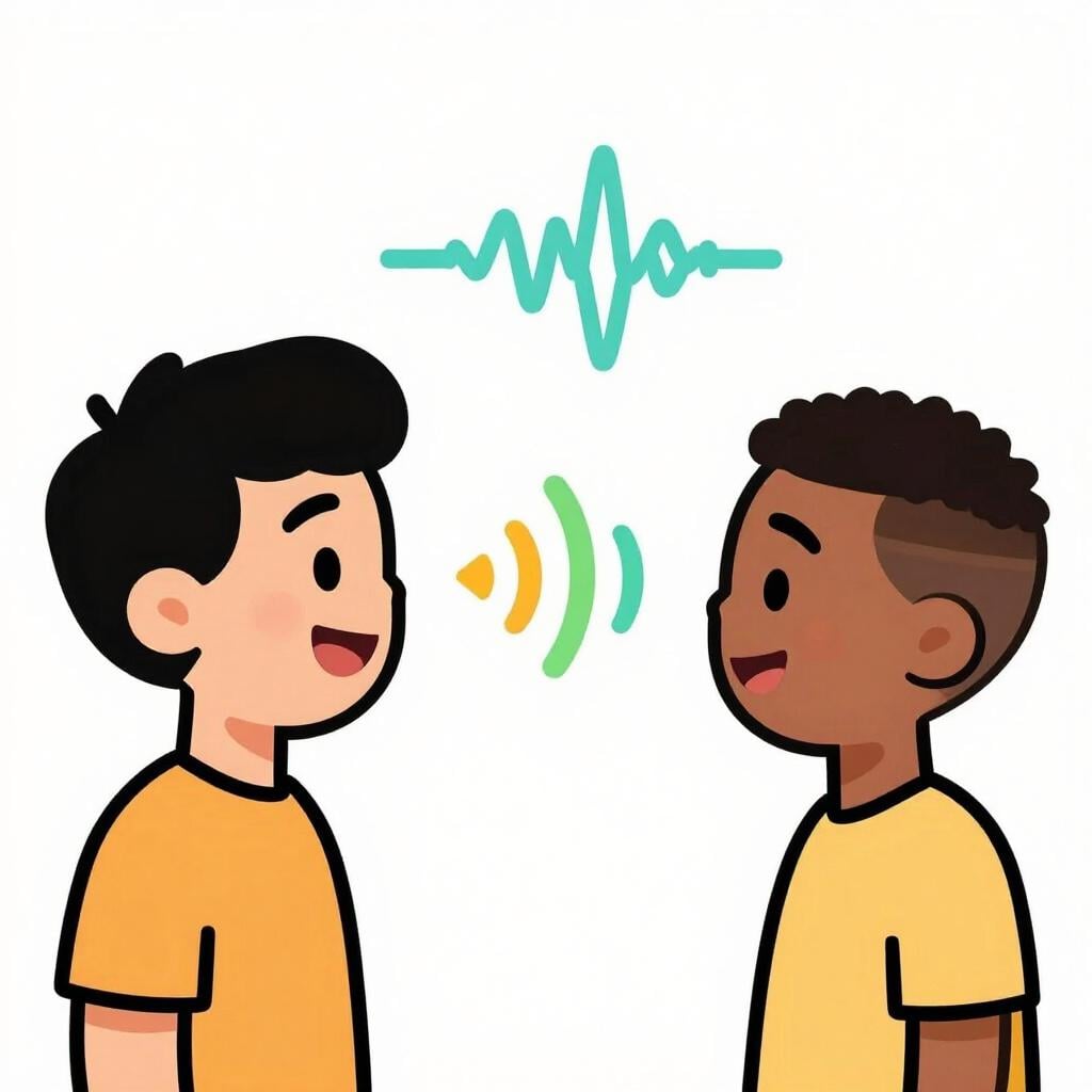 Deux personnages simples et colorés de livre d'histoires se faisant face, reliés par un arc d'onde sonore stylisé et coloré s'écoulant entre leurs bouches, symbolisant la communication et le langage.