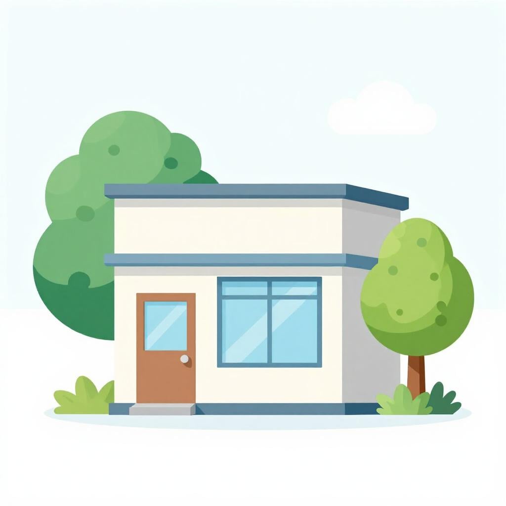 A small, modern office building with a large glass window and a green plant in front.