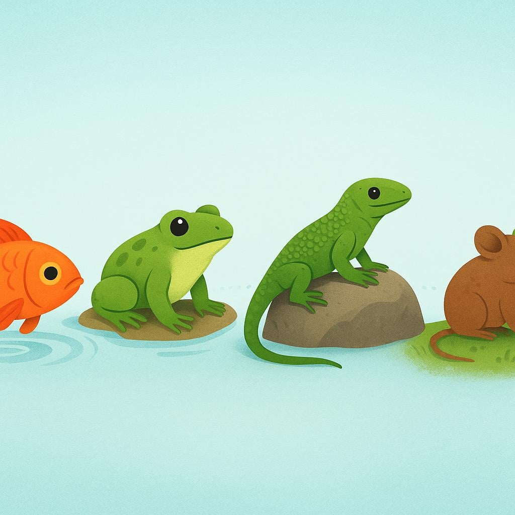 A visual sequence showing four simplified creatures arranged horizontally, illustrating biological progression from a simple aquatic form to a land-based mammal.