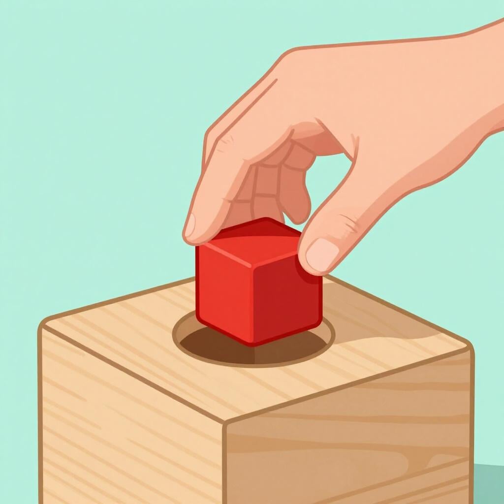 A person trying to push a square wooden block into a round hole in a colorful toy.