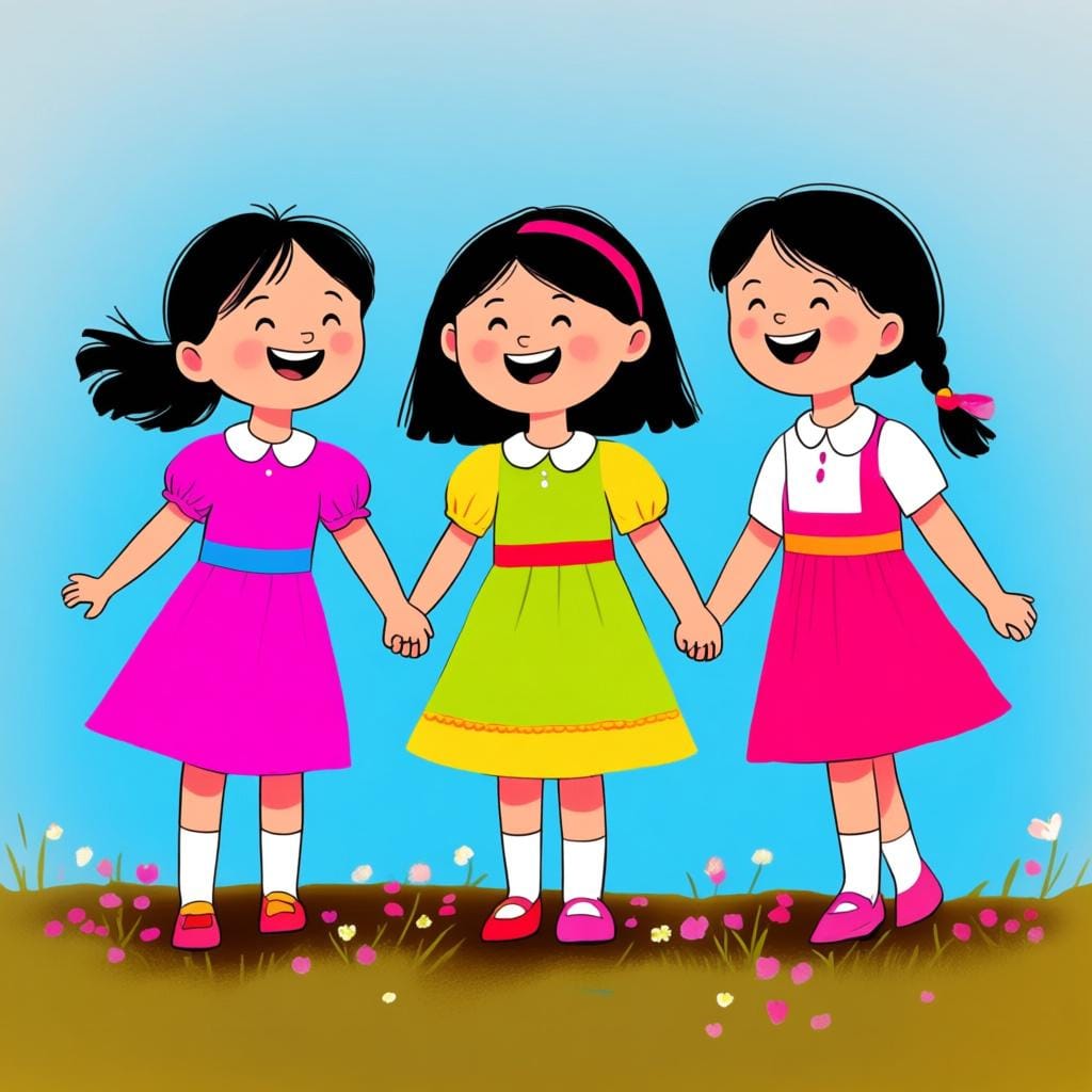 A drawing of three young girls with bright clothing standing together and smiling in a sunny outdoor setting.