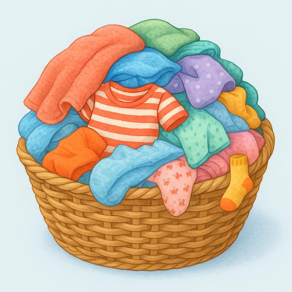 A large woven wicker basket completely overflowing with colorful folded and unfolded clothes and towels.