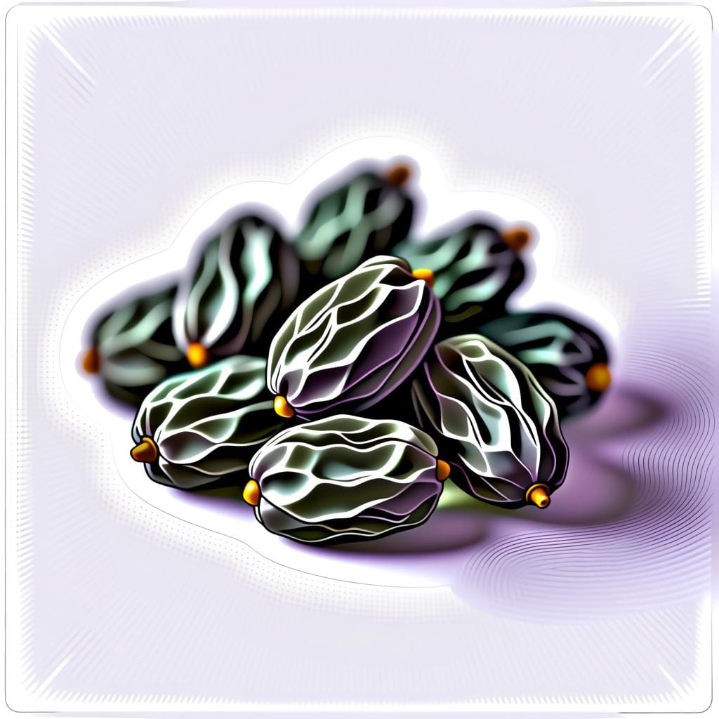 A small pile of dark, wrinkled raisins on a white surface.