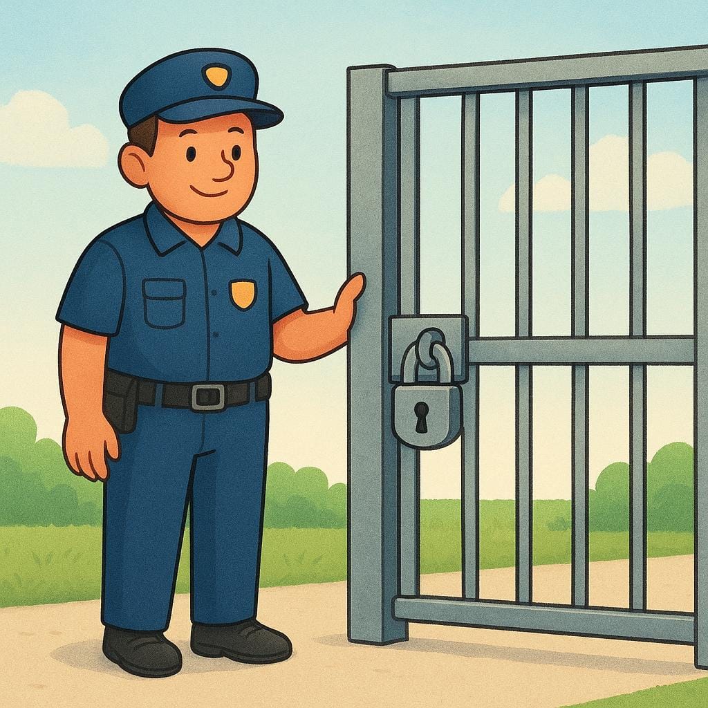 A uniformed security guard standing at attention next to a large, closed metal gate.