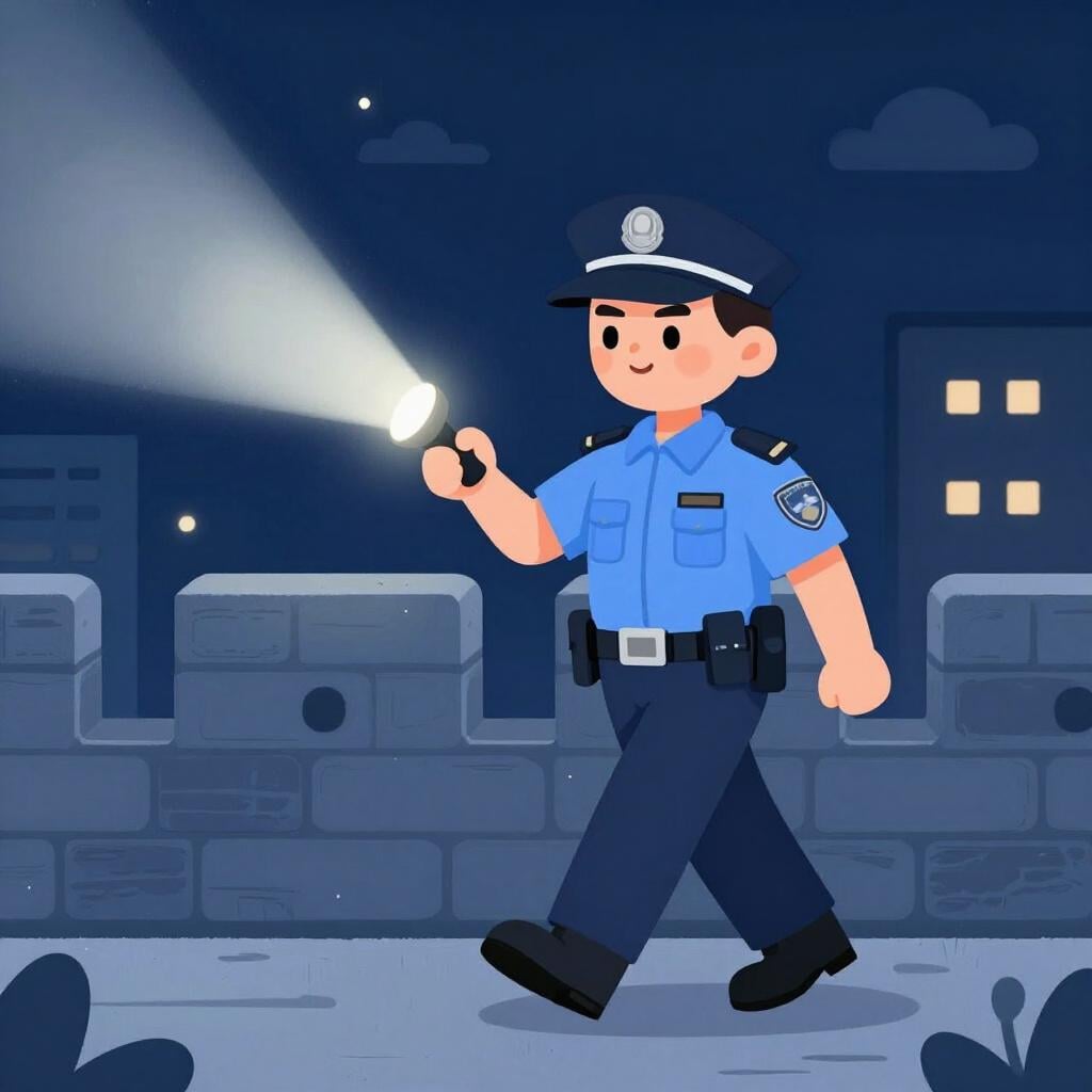 A security guard in a blue uniform walking with a flashlight along a garden fence at night.