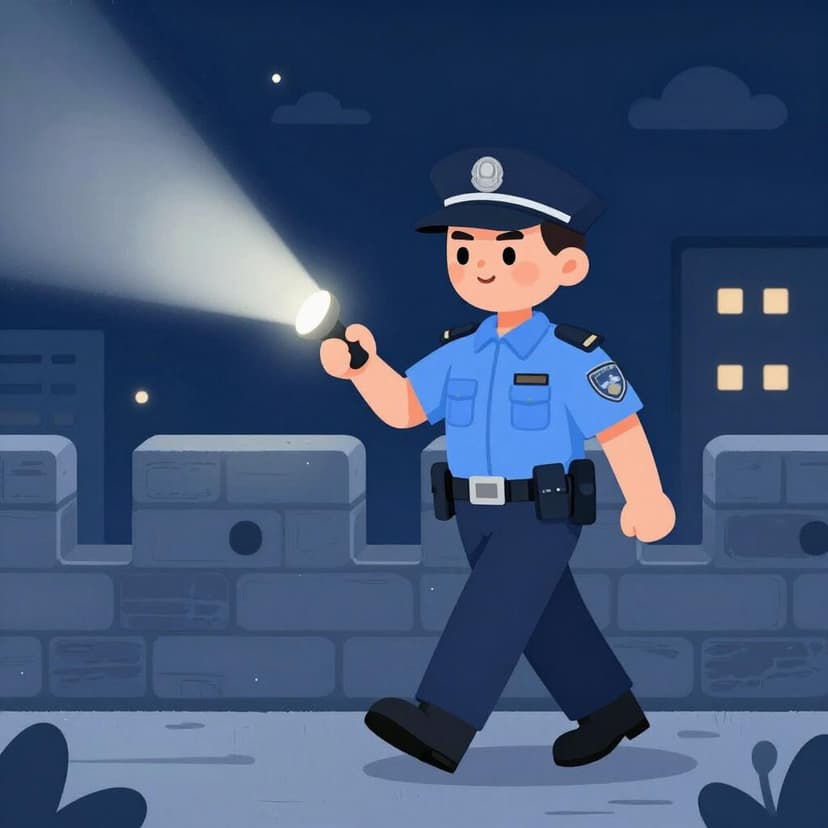 A security guard in a blue uniform walking with a flashlight along a garden fence at night.