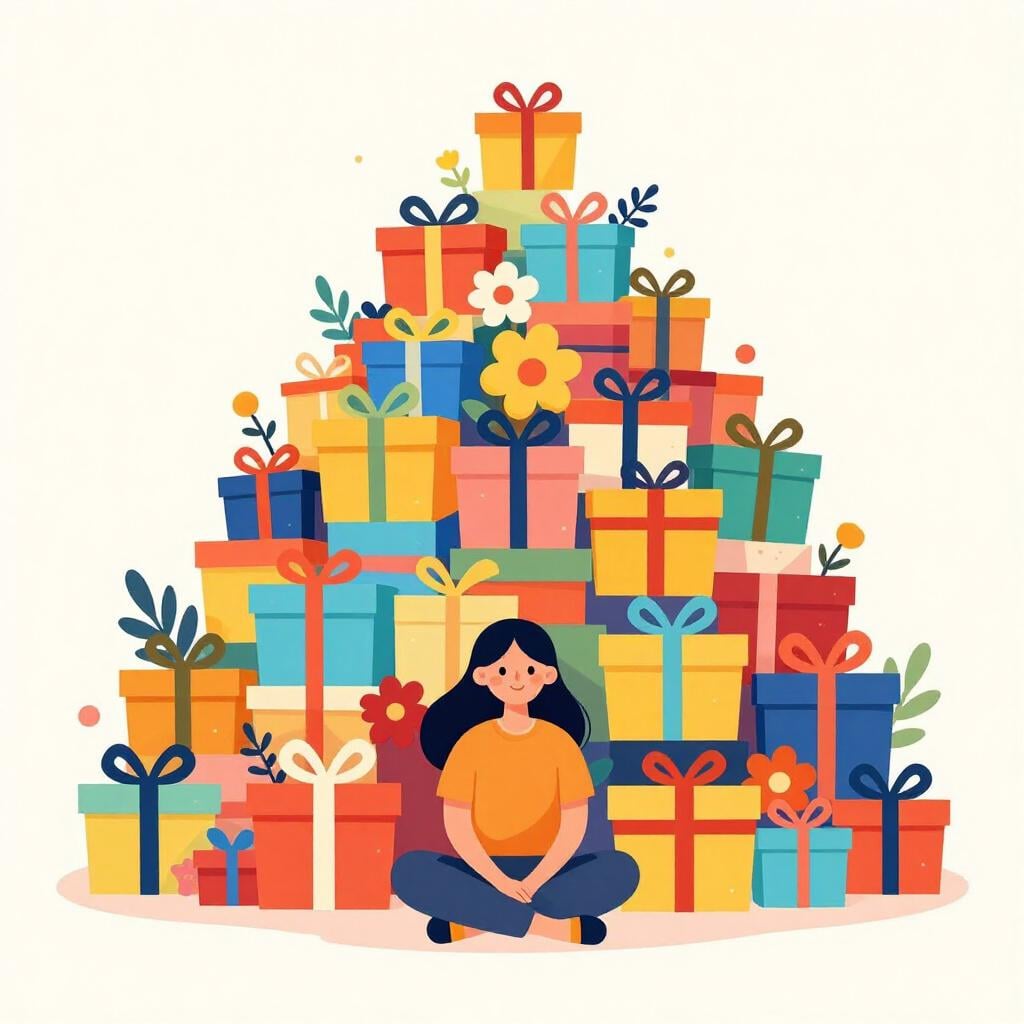 A person being buried under a huge, cheerful pile of colorful wrapped gift boxes and flowers.