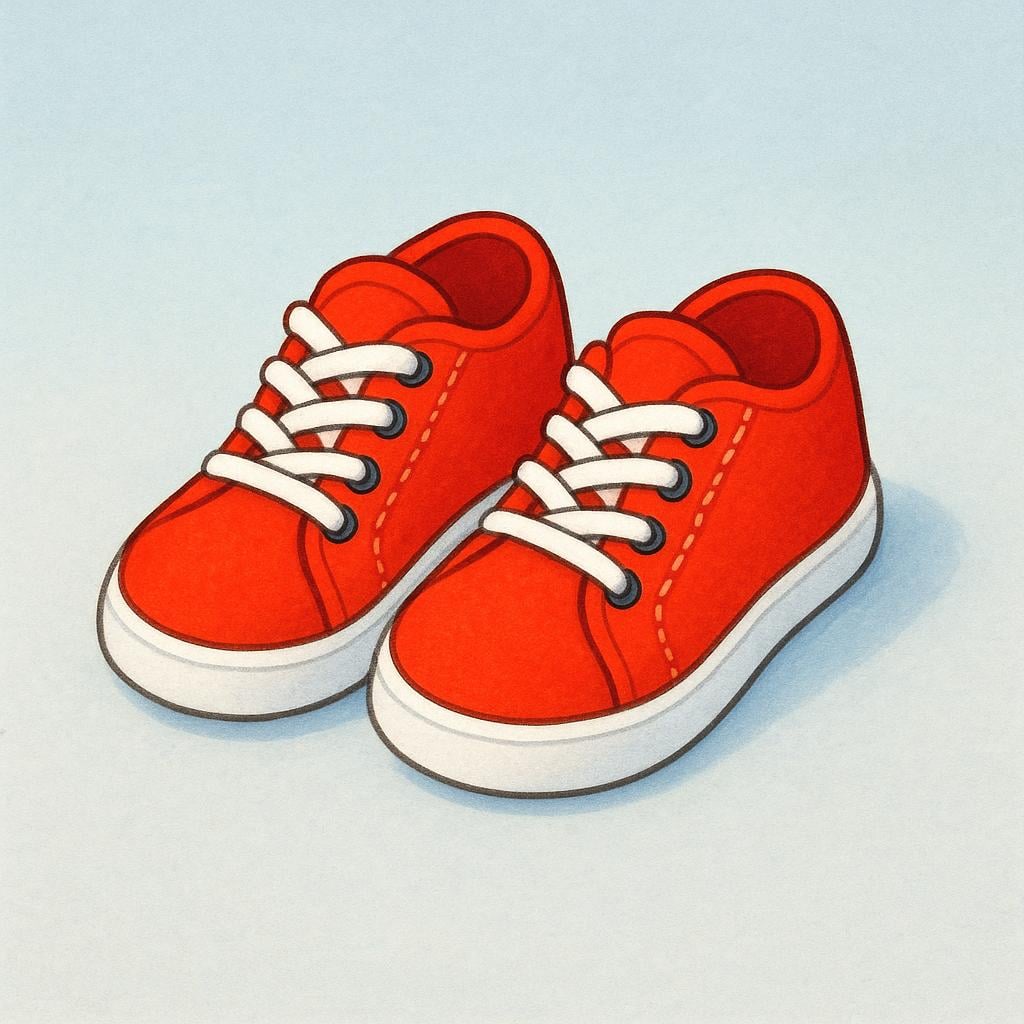 Two brightly colored, brand new red sneakers sitting pristine on a clean wooden floor, illustrating the concept of being new.