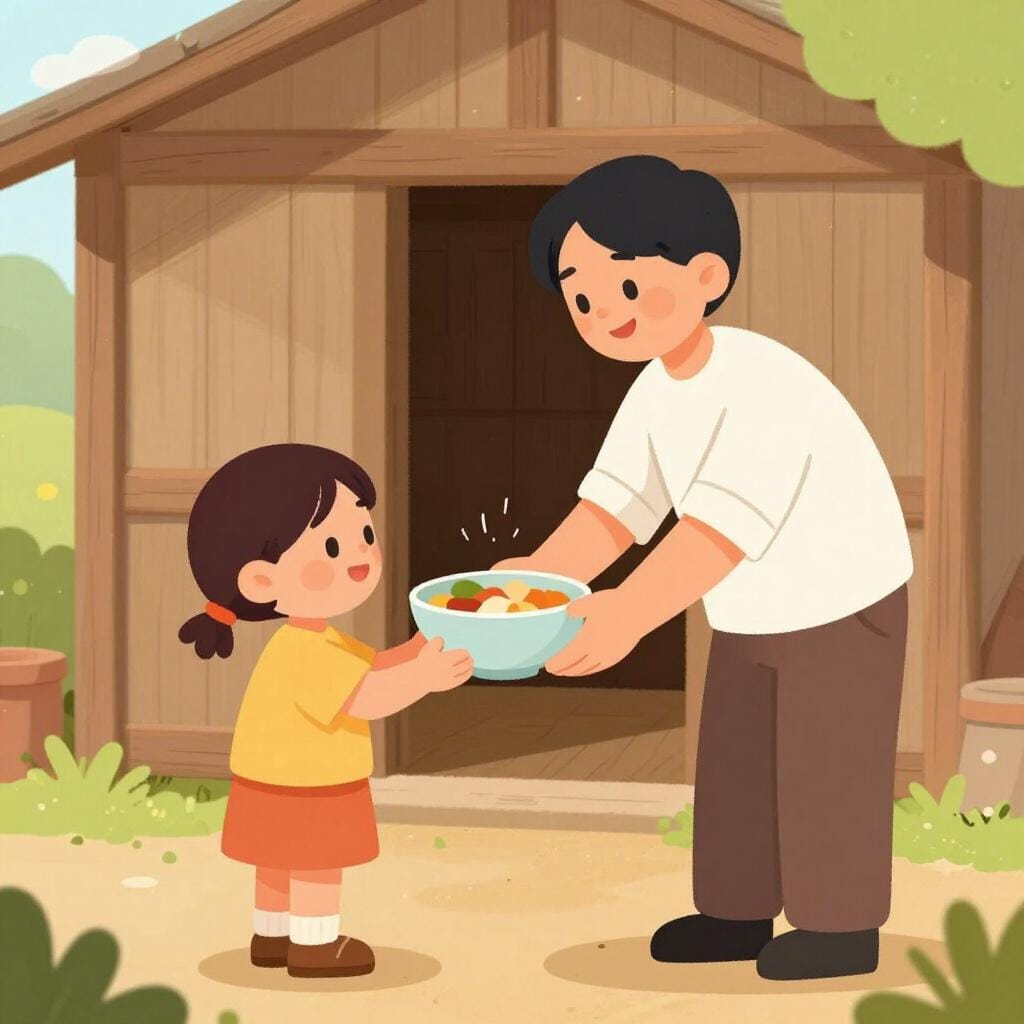 Een persoon in eenvoudige kleding die een kom eten aan een kind geeft in een vriendelijke, buitenomgeving.