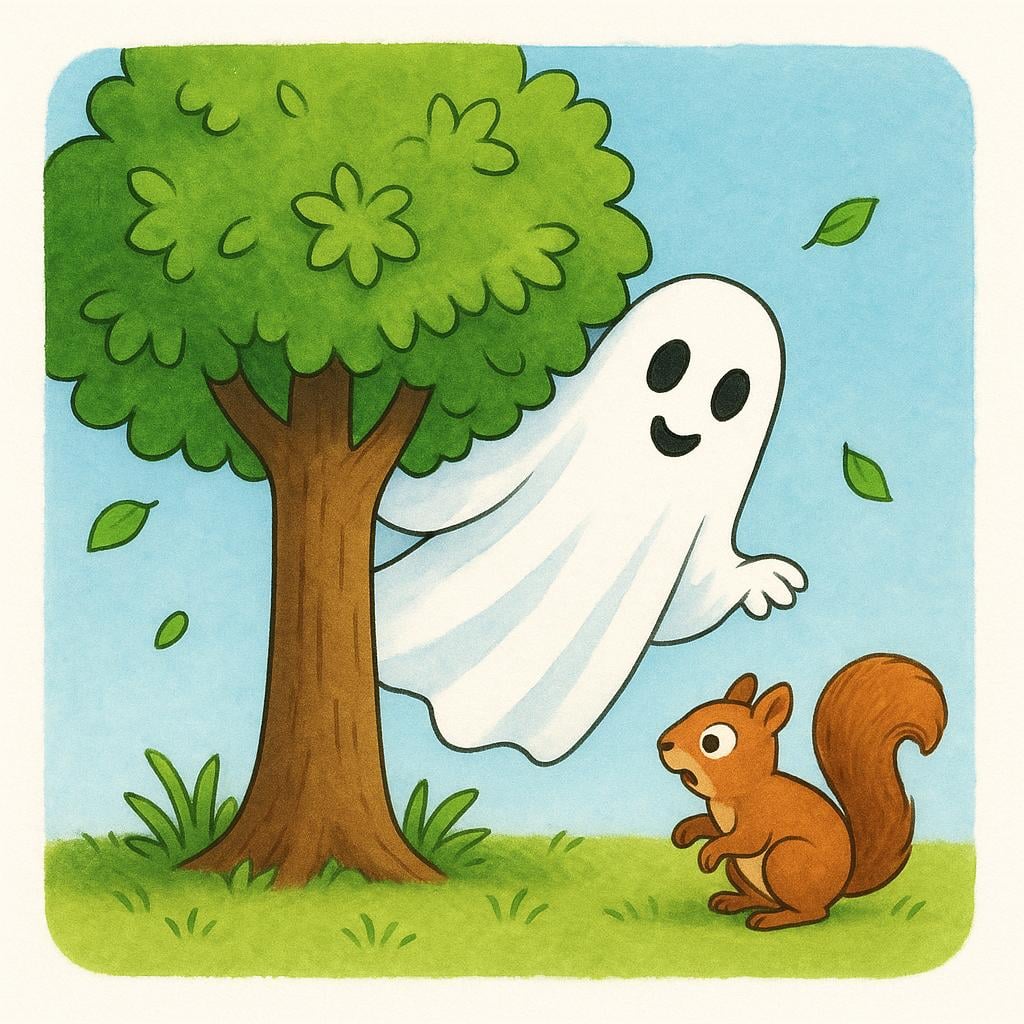 A playful white sheet ghost popping out suddenly from behind a vibrant green tree, causing a small brown squirrel nearby to look extremely startled and jump back.