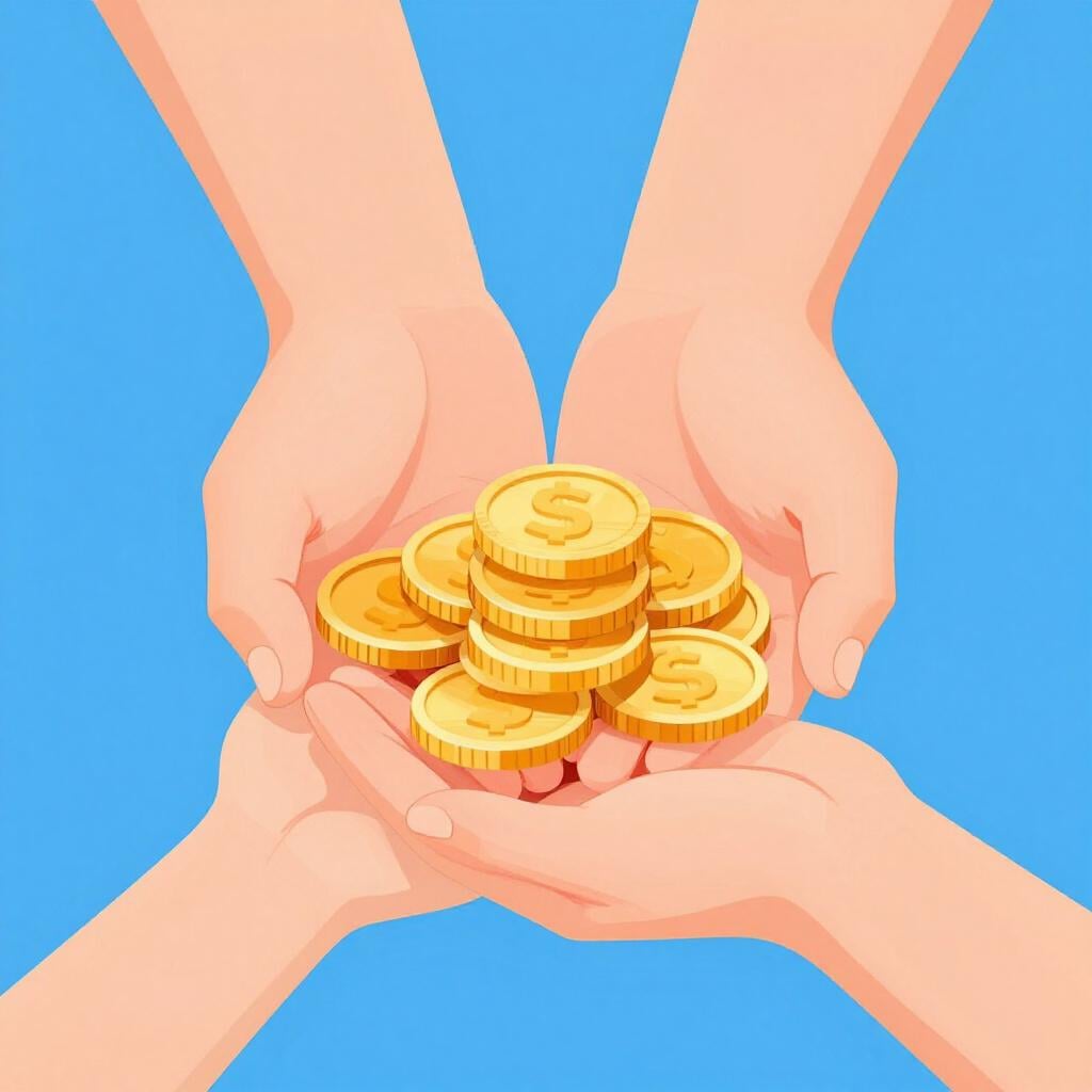 A pair of hands holding a stack of gold coins.