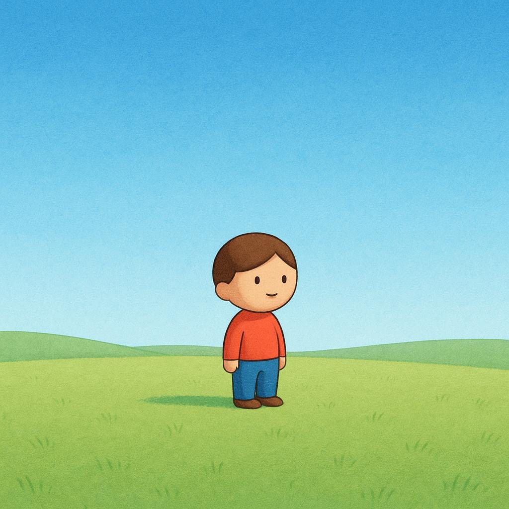 A simple storybook illustration showing a solitary figure standing in the center of a wide, empty landscape, emphasizing the concept of being alone.