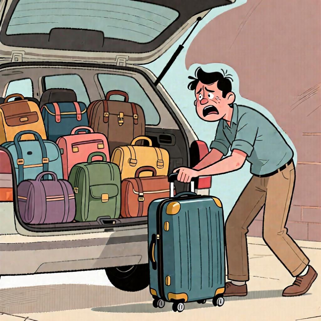 A person trying to fit one more bag into a car that is already completely full, illustrating the concept of available space.