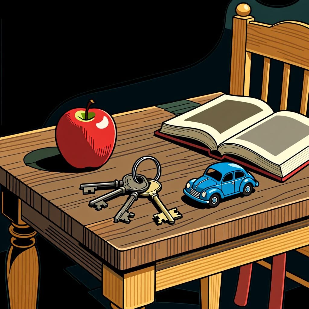 A colorful collection of various everyday objects like a book, an apple, keys, and a toy car, representing the general idea of 'things'.