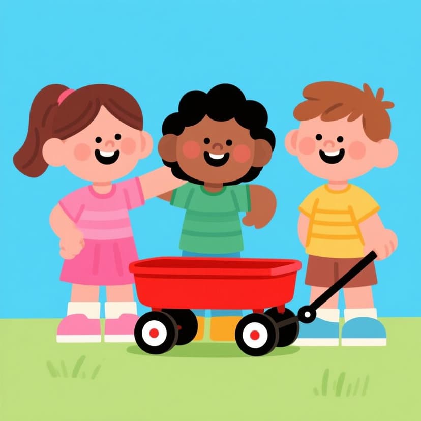 Three happy cartoon children standing next to a shiny new toy wagon they possess.