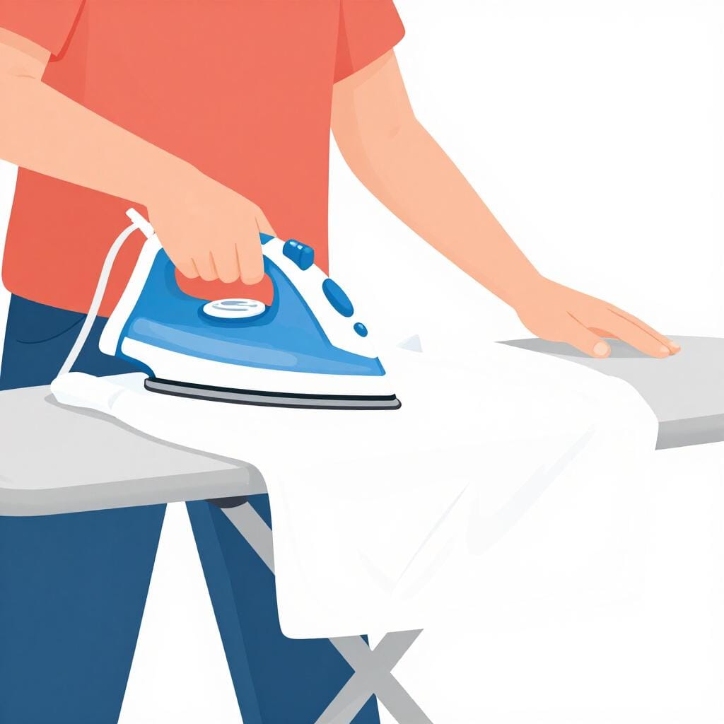 Eine Person, die sorgfältig ein weißes Hemd auf einem Bügelbrett bügelt.
