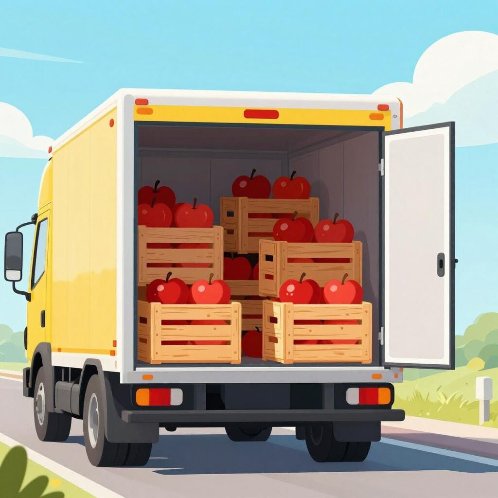 A large truck filled with crates of fresh red apples parked next to a market stall.